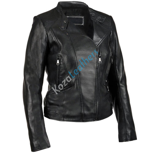 Women Real Lambskin Leather Biker Jacket KW160
