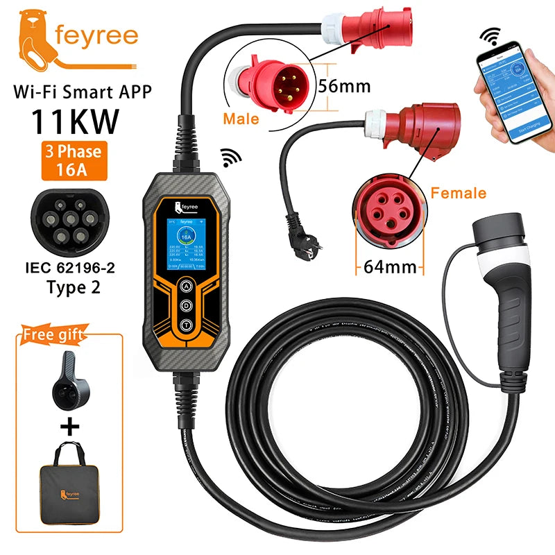 feyree Type 2 Portable EV Charger 11KW 16A 3 Phase Wi-Fi APP Bluetooth