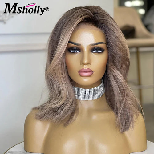 Ash Blonde 13x4 Lace Front Wig Human Hair Dark Roots Water Wave Wig HD