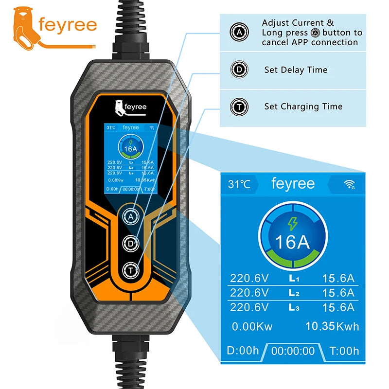 feyree Type 2 Portable EV Charger 11KW 16A 3 Phase Wi-Fi APP Bluetooth