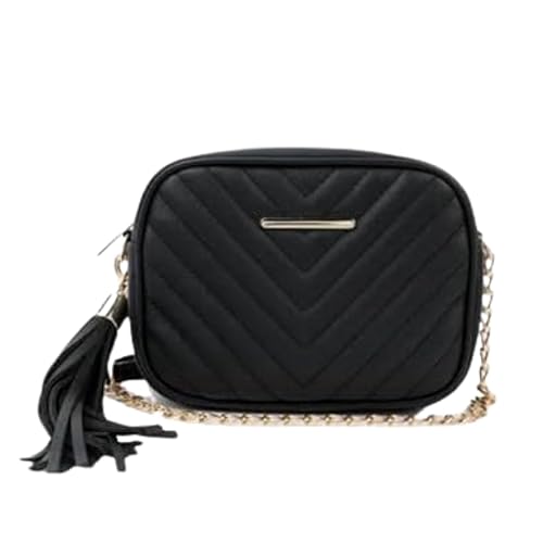 Women's Nylon Crossbody Sling Bag With Metal Chain Strap (Black).
