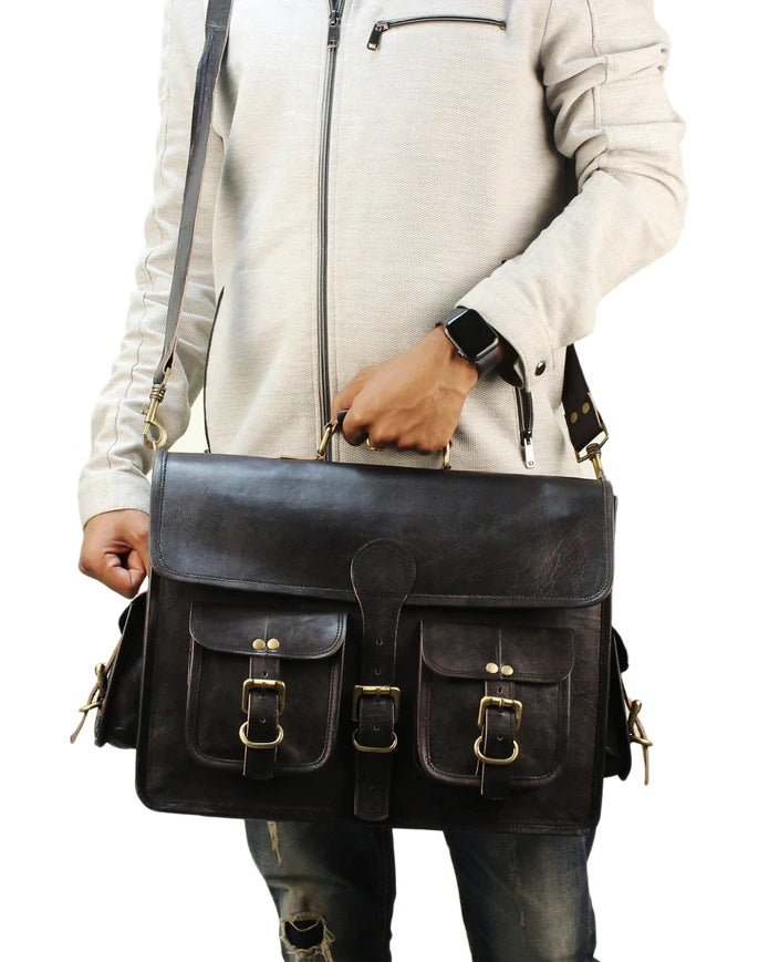 Black Leather Laptop Briefcase Large Satchel Shoulder Messenger Bag