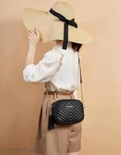 Women's Nylon Crossbody Sling Bag With Metal Chain Strap (Black).