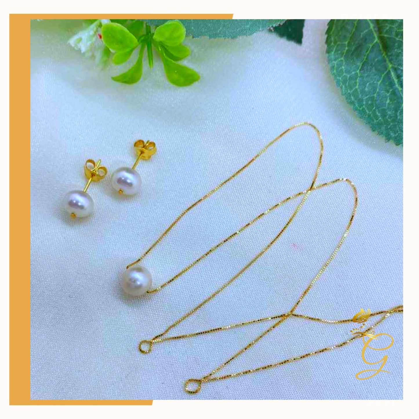 18K Real Gold Set of white Pearl Earrings and Necklace 18”